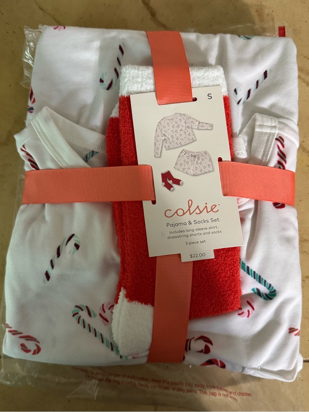 Colsie Candy Cane 3 Piece Pajama & Socks Set - White & Red